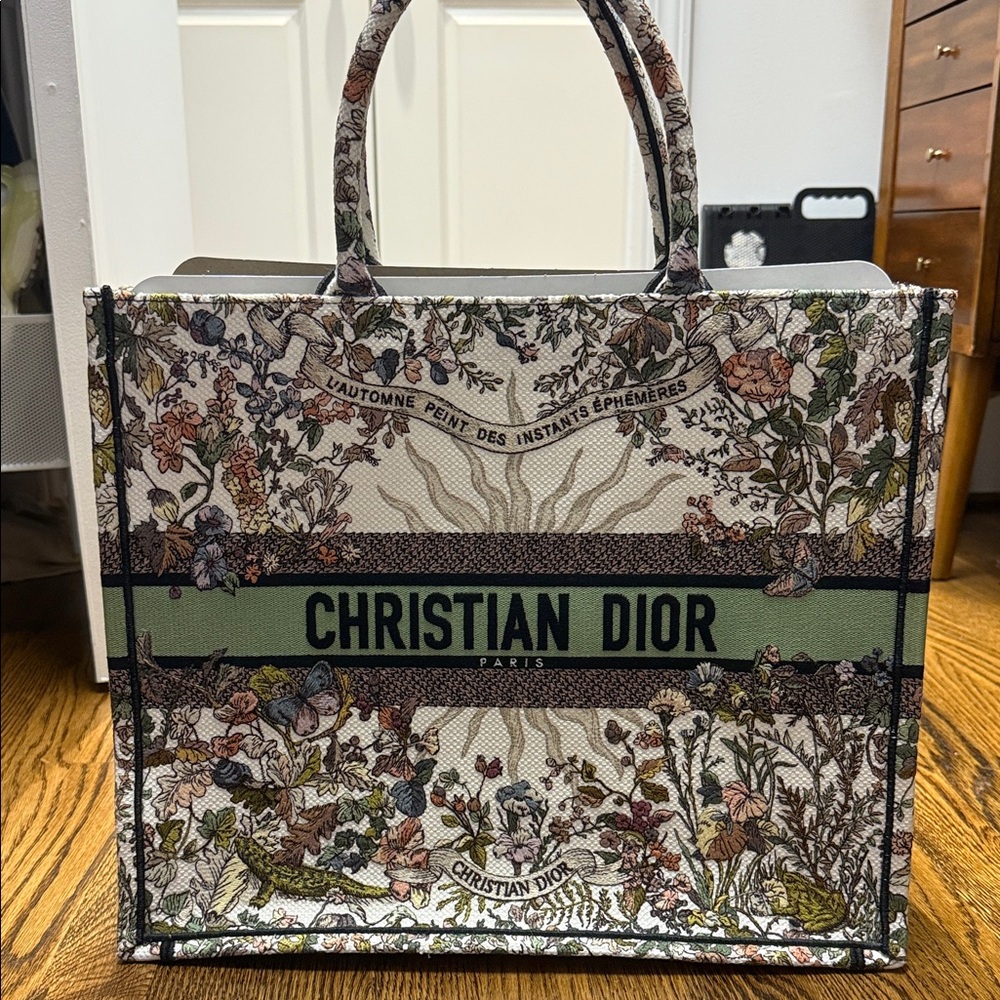 Dior Floral Book Tote in Cream, Green, Brown